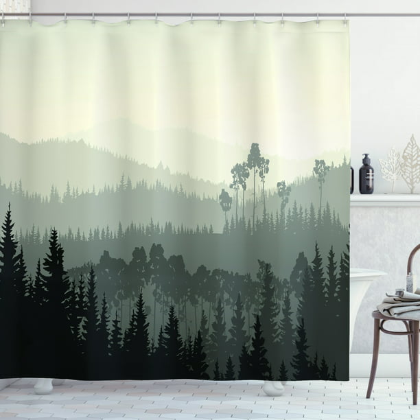 Jingjiji Misty Forest Shower Curtain Green Pine Tree Natural Romantic Scenery Bathroom Decoration Polyester Fabric with Hook 70 X 70 Inch 